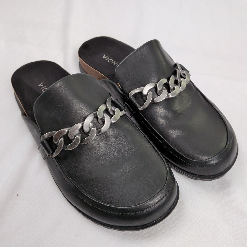 Vionic Georgie Black Suede Chain Loafer Mule Slides Womens 9.5